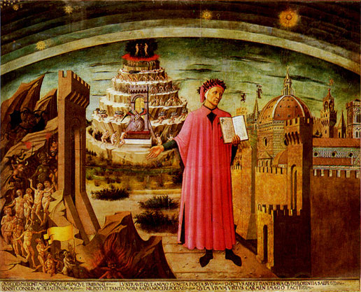 Domenico di Michelino Dante and His Poem (1465) fresco, in the dome of the church of Santa Maria del Fiore in Florence (Florence's cathedral).

Dante Alighieri is shown holding a copy of his epic poem The Divine Comedy. He is pointing to a procession of sinners being lead down to the circles of Hell on the left. Behind him are the seven terraces of Purgatory, with Adam and Eve representing Earthly Paradise on top. Above them, the sun and the moon represent Heavenly Paradise, whilst on the right is Dante's home city of Florence. The illustration of Florence is self referencial, depicting the recently completed and much celebrated cathedral dome inside which the fresco is painted.